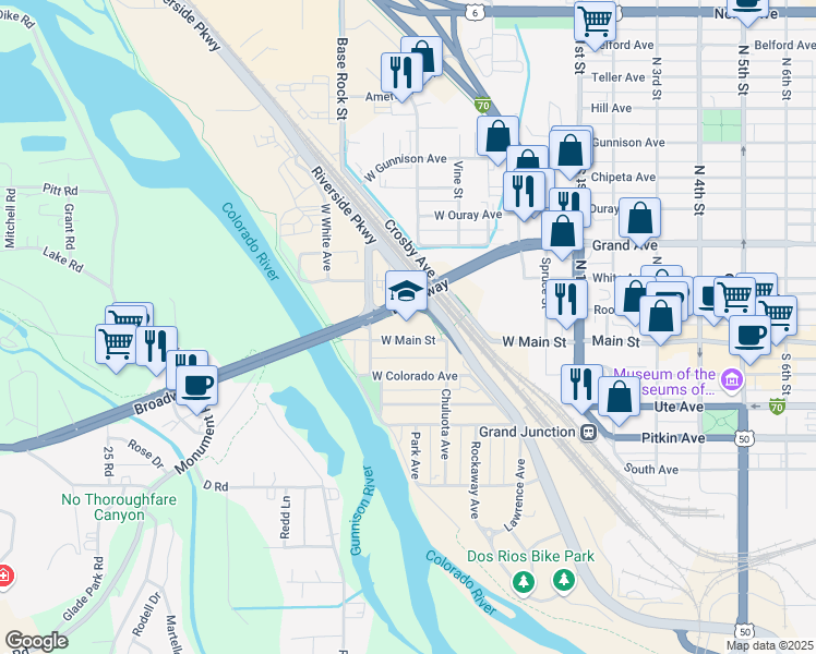 map of restaurants, bars, coffee shops, grocery stores, and more near 552 West Main Street in Grand Junction