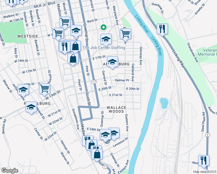 map of restaurants, bars, coffee shops, grocery stores, and more near 1928 Garrard Street in Covington