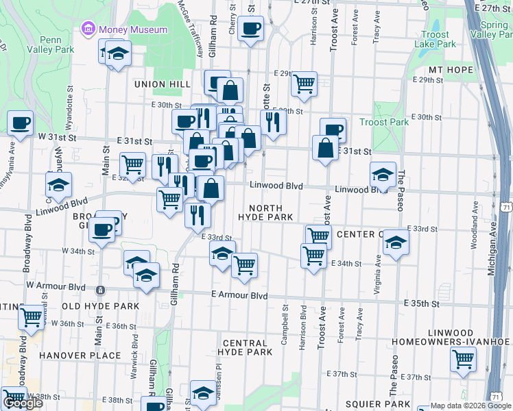 map of restaurants, bars, coffee shops, grocery stores, and more near 3237 Holmes Street in Kansas City