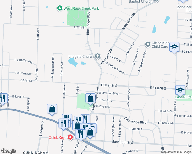 map of restaurants, bars, coffee shops, grocery stores, and more near 9120 East 31st Street South in Kansas City
