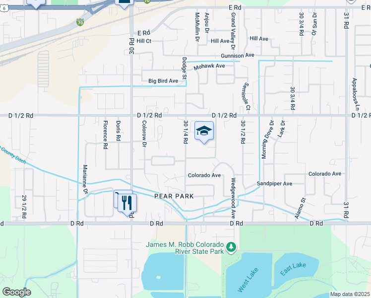 map of restaurants, bars, coffee shops, grocery stores, and more near 441 30 1/4 Road in Grand Junction