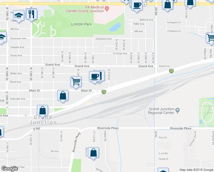 map of restaurants, bars, coffee shops, grocery stores, and more near 2060 East Main Street in Grand Junction