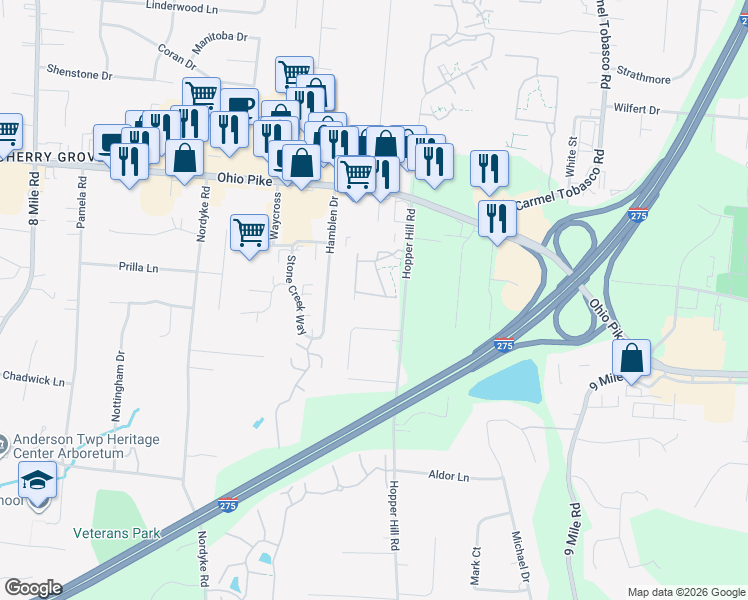 map of restaurants, bars, coffee shops, grocery stores, and more near 495 Mapleport Way in Cincinnati