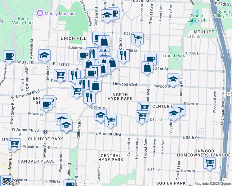 map of restaurants, bars, coffee shops, grocery stores, and more near 3237 Holmes Street in Kansas City