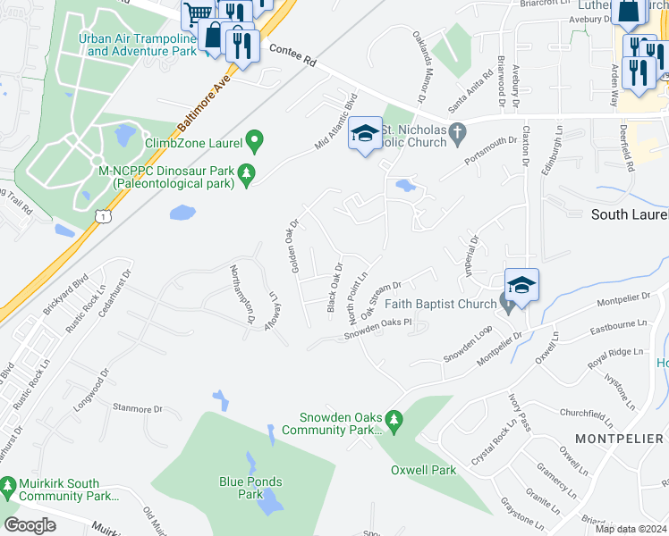 map of restaurants, bars, coffee shops, grocery stores, and more near 13000 Black Oak Drive in Laurel