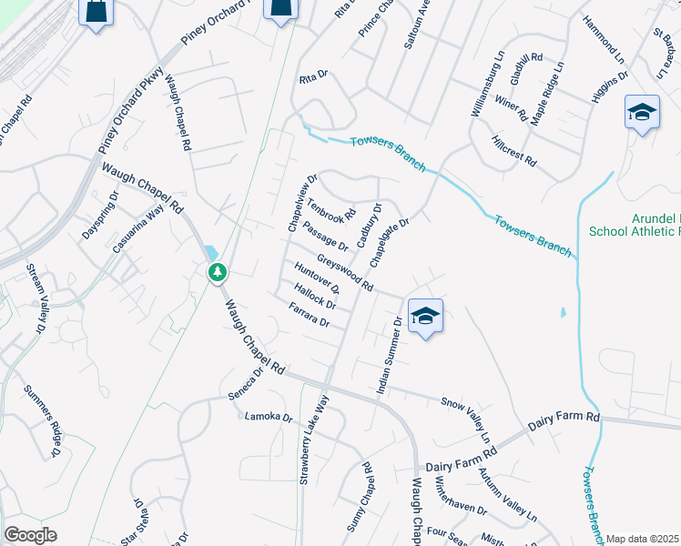 map of restaurants, bars, coffee shops, grocery stores, and more near 1308 Greyswood Road in Odenton