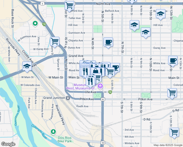 map of restaurants, bars, coffee shops, grocery stores, and more near 125 North 4th Street in Grand Junction