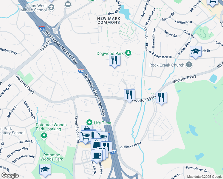 map of restaurants, bars, coffee shops, grocery stores, and more near 1101 Wootton Oaks Court in Rockville