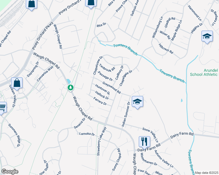 map of restaurants, bars, coffee shops, grocery stores, and more near 1308 Greyswood Road in Odenton