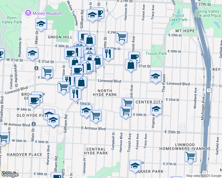 map of restaurants, bars, coffee shops, grocery stores, and more near 3234 Campbell Street in Kansas City