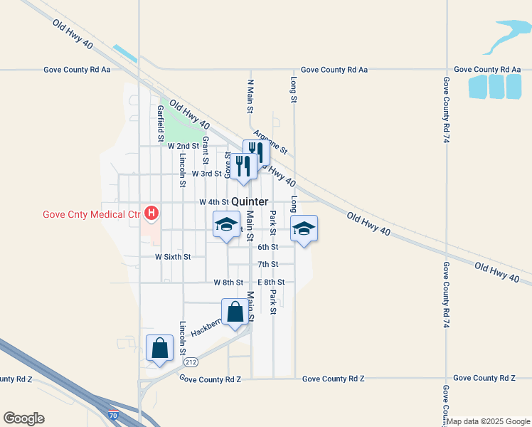 map of restaurants, bars, coffee shops, grocery stores, and more near 408 Main Street in Quinter