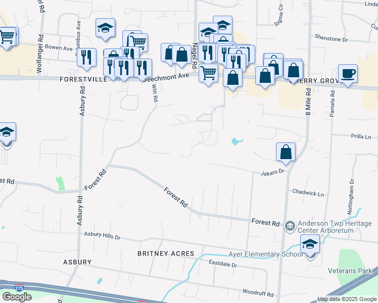 map of restaurants, bars, coffee shops, grocery stores, and more near 968 Wittshire Lane in Cincinnati