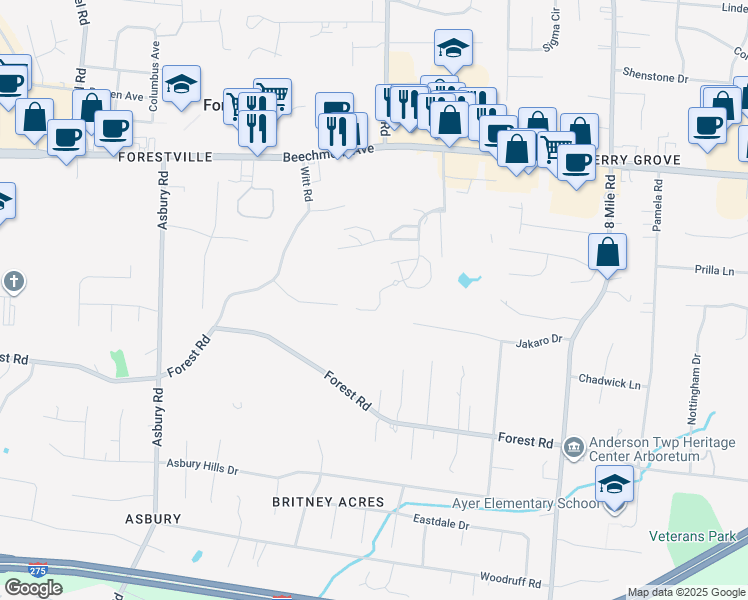 map of restaurants, bars, coffee shops, grocery stores, and more near 968 Wittshire Lane in Cincinnati