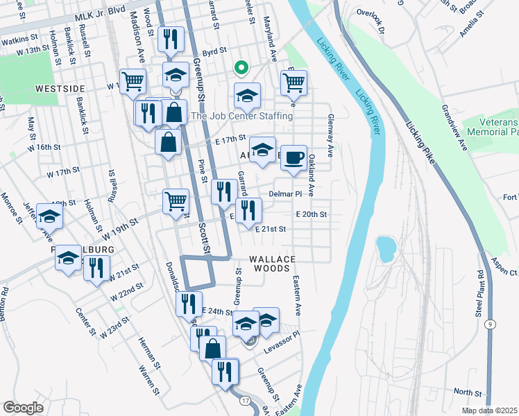 map of restaurants, bars, coffee shops, grocery stores, and more near 1928 Garrard Street in Covington