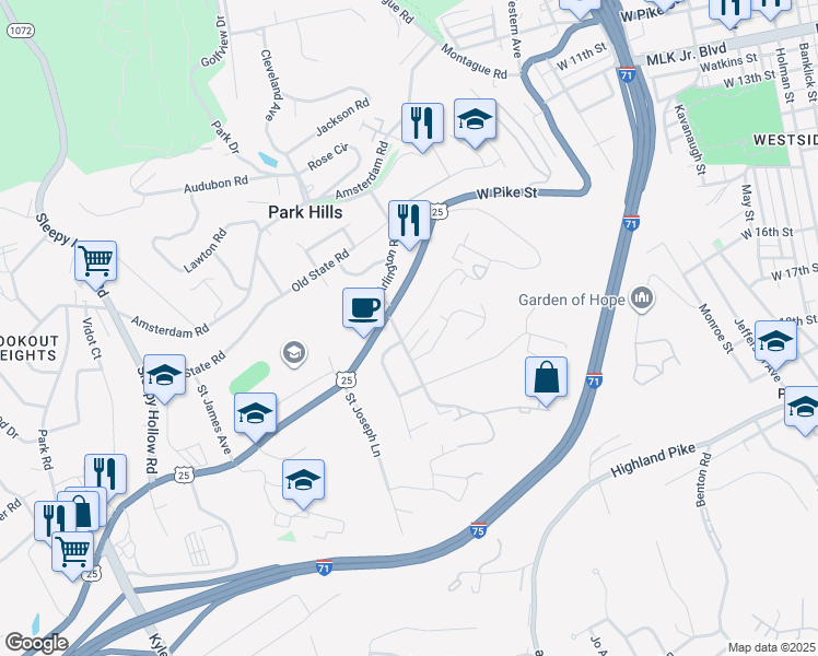 map of restaurants, bars, coffee shops, grocery stores, and more near 1139 Mount Allen Road in Park Hills