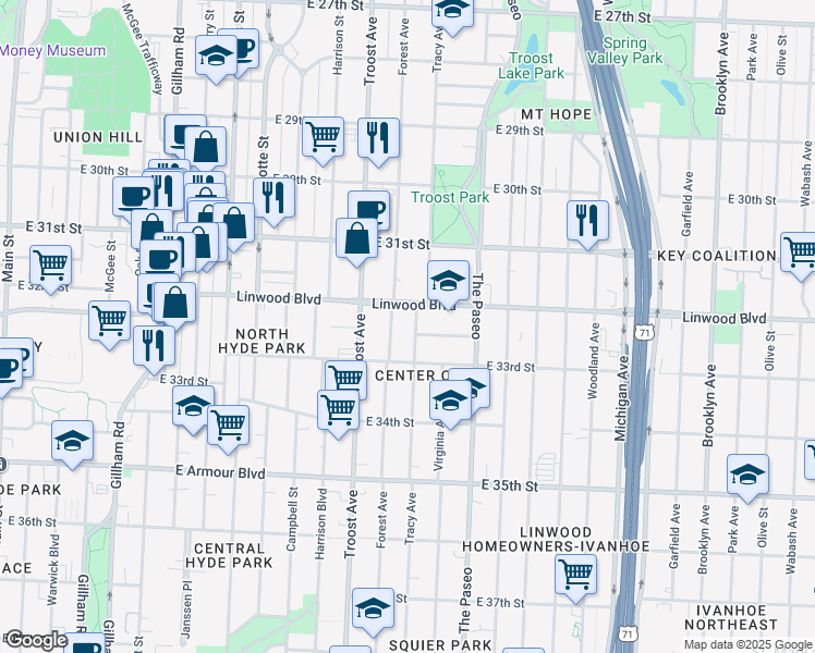 map of restaurants, bars, coffee shops, grocery stores, and more near 3227 Tracy Avenue in Kansas City