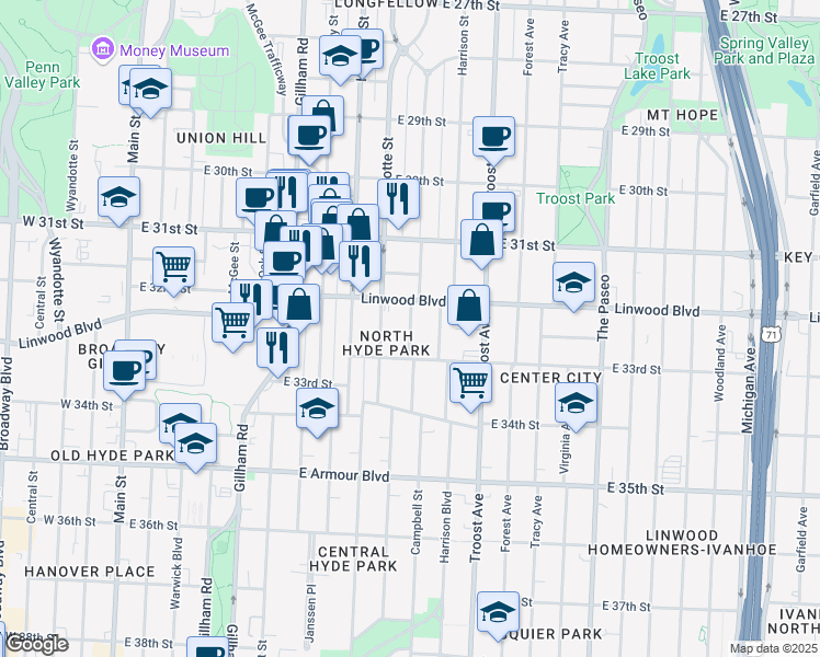 map of restaurants, bars, coffee shops, grocery stores, and more near 3234 Campbell Street in Kansas City