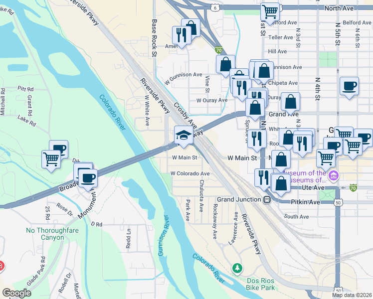 map of restaurants, bars, coffee shops, grocery stores, and more near Hoesch Street in Grand Junction