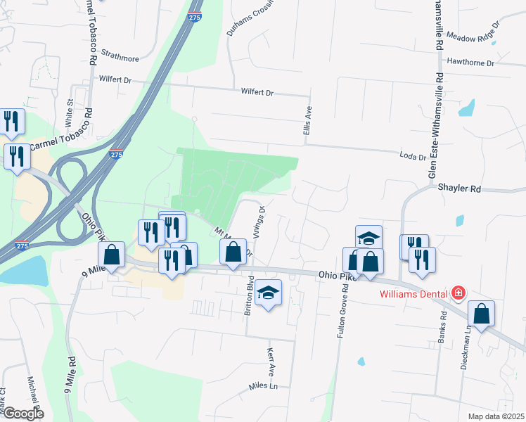 map of restaurants, bars, coffee shops, grocery stores, and more near 3997 Vinings Drive in Cincinnati