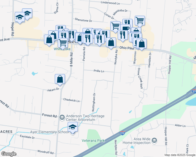 map of restaurants, bars, coffee shops, grocery stores, and more near 8540 Nottingwood Drive in Cincinnati