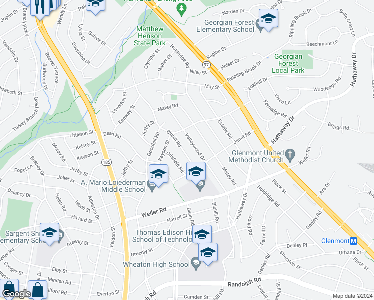 map of restaurants, bars, coffee shops, grocery stores, and more near 12815 Bluhill Road in Silver Spring
