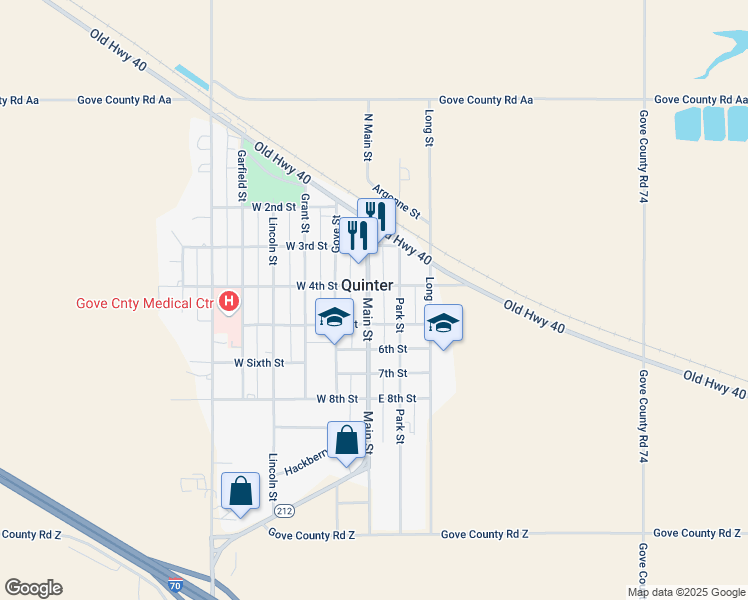 map of restaurants, bars, coffee shops, grocery stores, and more near 408 Main Street in Quinter
