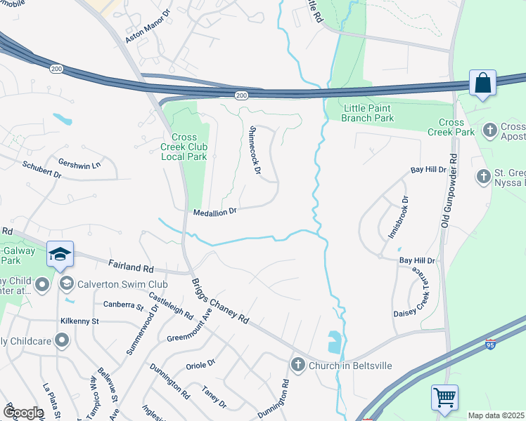 map of restaurants, bars, coffee shops, grocery stores, and more near 4307 Medallion Drive in Silver Spring