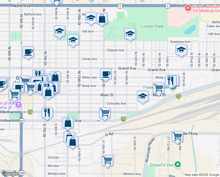 map of restaurants, bars, coffee shops, grocery stores, and more near 1208 Main Street in Grand Junction