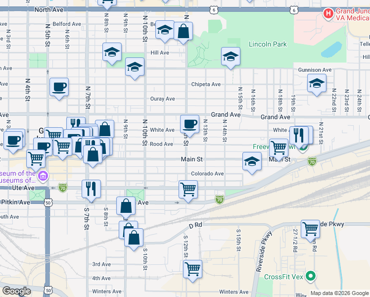 map of restaurants, bars, coffee shops, grocery stores, and more near 1208 Main Street in Grand Junction
