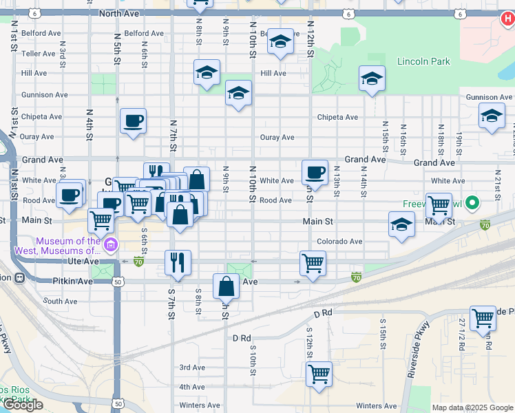 map of restaurants, bars, coffee shops, grocery stores, and more near 1026 Main Street in Grand Junction
