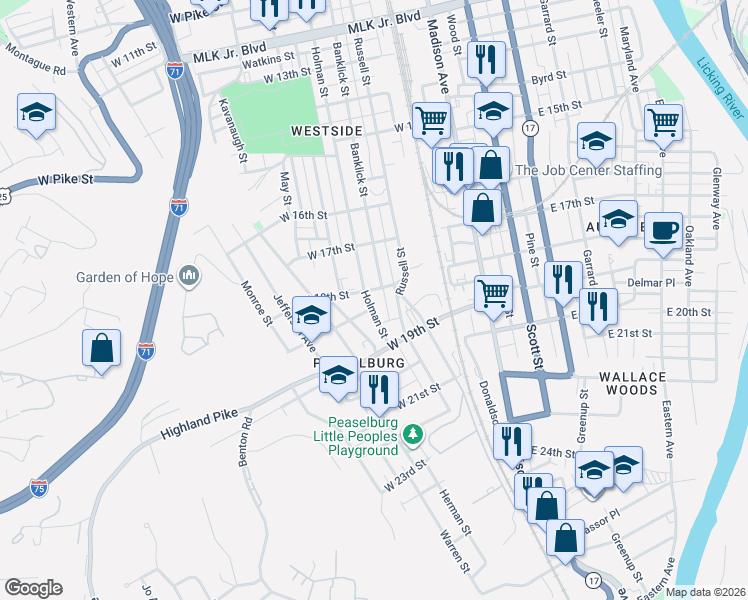 map of restaurants, bars, coffee shops, grocery stores, and more near 1815 Holman Street in Covington