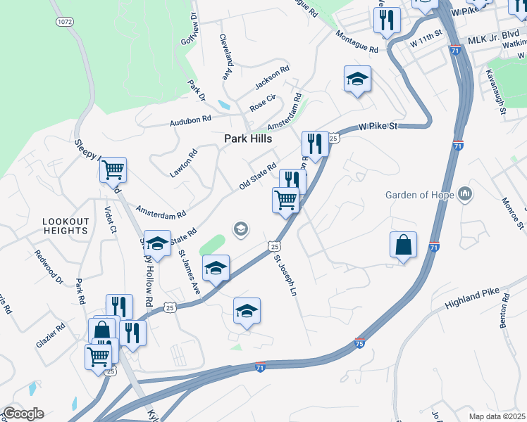 map of restaurants, bars, coffee shops, grocery stores, and more near 1520 Dixie Highway in Park Hills