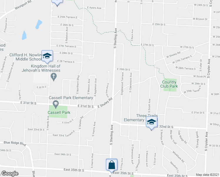 map of restaurants, bars, coffee shops, grocery stores, and more near 2933 South Harvard Avenue in Independence