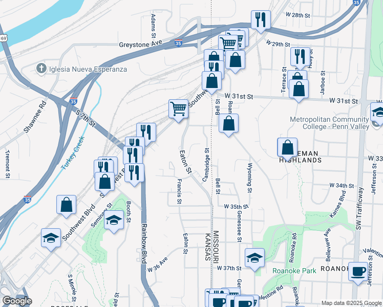 map of restaurants, bars, coffee shops, grocery stores, and more near 2943 Eaton Street in Kansas City