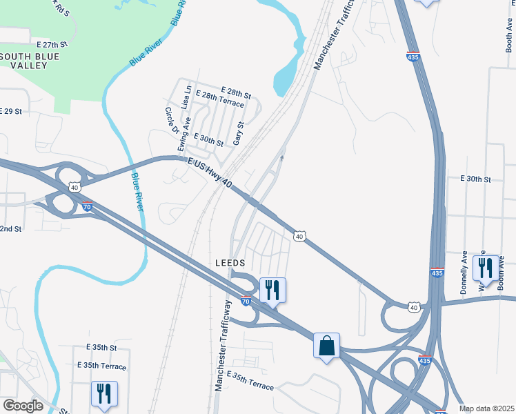 map of restaurants, bars, coffee shops, grocery stores, and more near 3031 Manchester Avenue in Kansas City