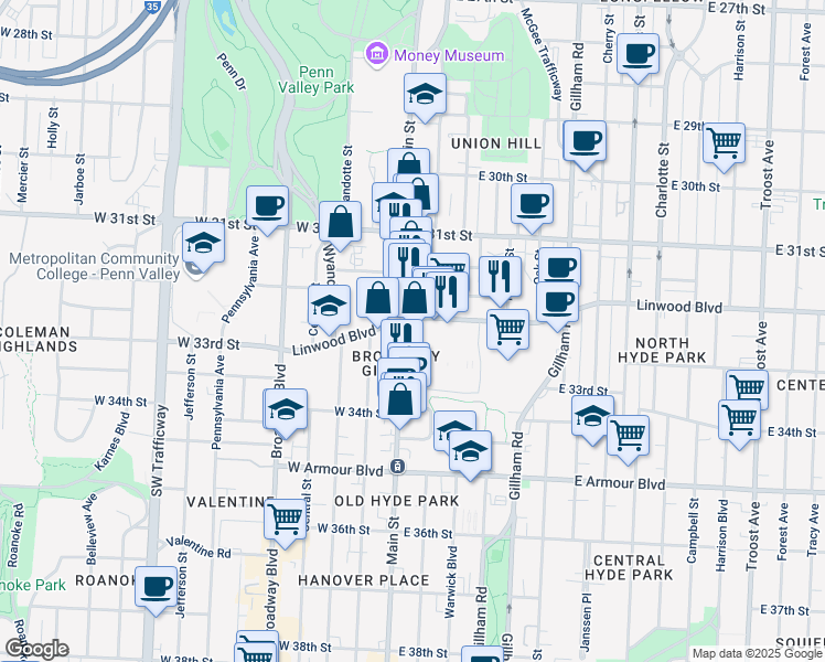 map of restaurants, bars, coffee shops, grocery stores, and more near 3244 Main Street in Kansas City