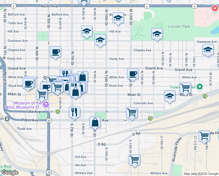 map of restaurants, bars, coffee shops, grocery stores, and more near 1011 Rood Avenue in Grand Junction