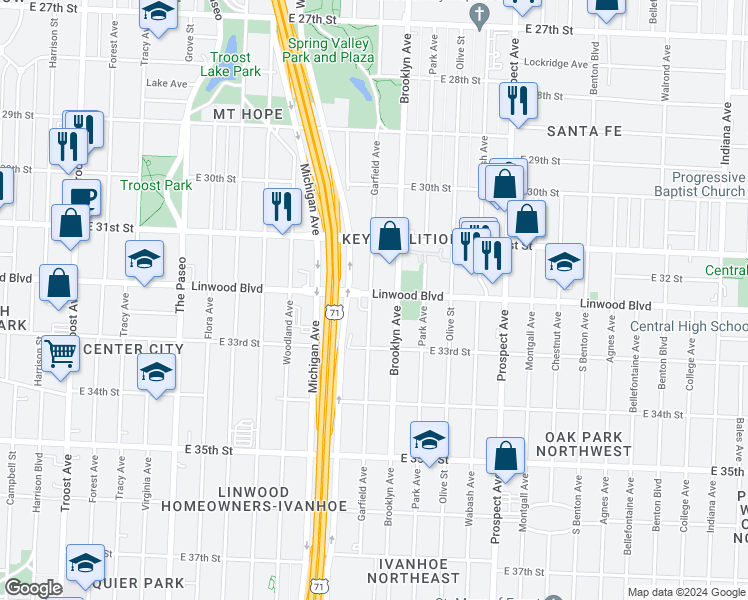 map of restaurants, bars, coffee shops, grocery stores, and more near 2101 East Linwood Boulevard in Kansas City
