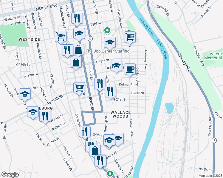 map of restaurants, bars, coffee shops, grocery stores, and more near 1928 Garrard Street in Covington