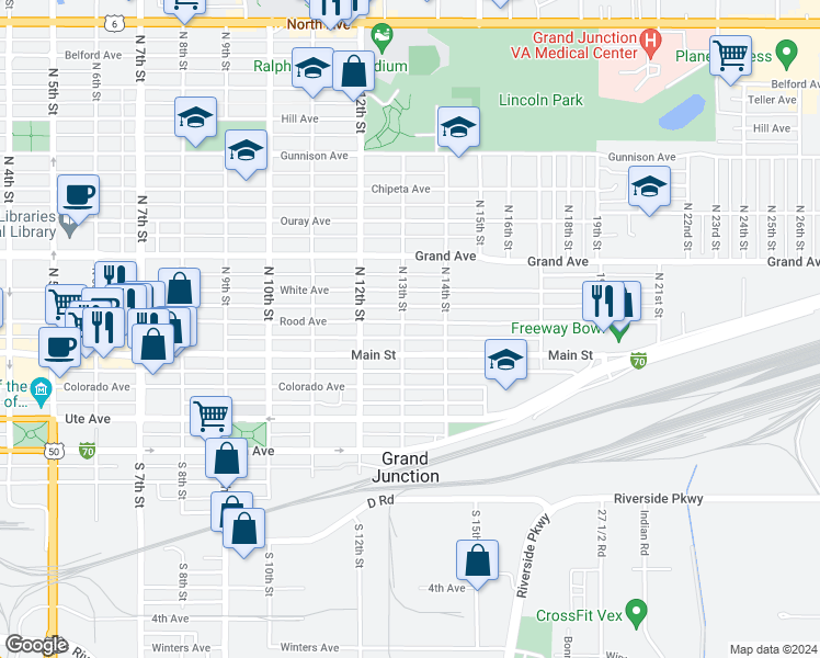 map of restaurants, bars, coffee shops, grocery stores, and more near 1301 Rood Avenue in Grand Junction