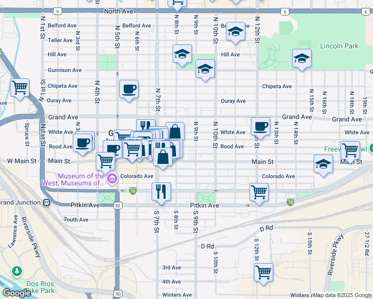 map of restaurants, bars, coffee shops, grocery stores, and more near 805 Main Street in Grand Junction