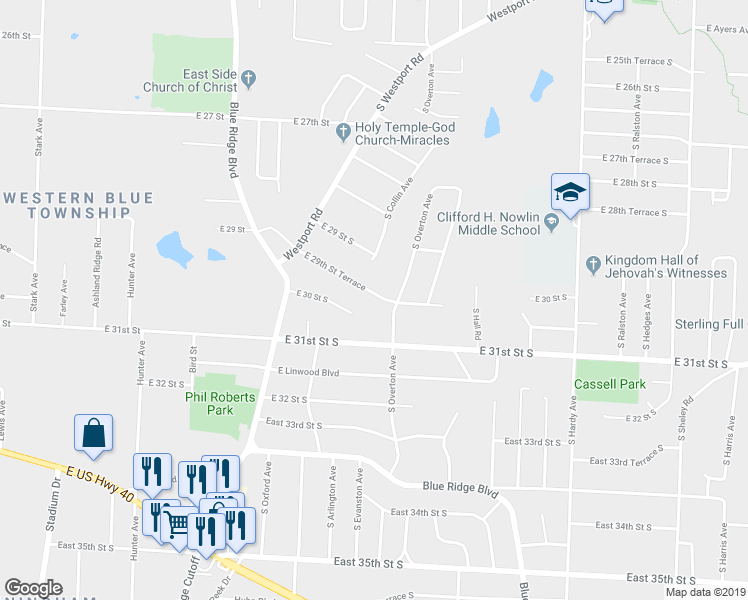 map of restaurants, bars, coffee shops, grocery stores, and more near 3030 South Overton Avenue in Independence