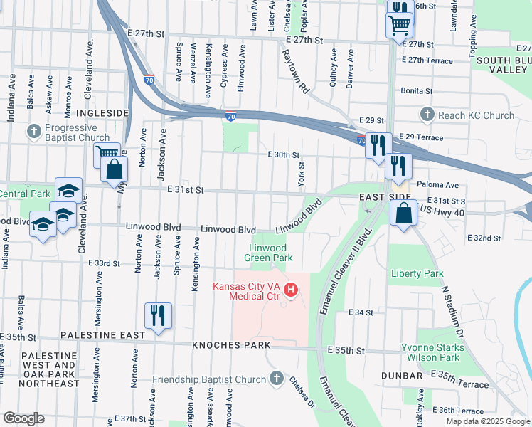 map of restaurants, bars, coffee shops, grocery stores, and more near 4800 Linwood Boulevard in Kansas City