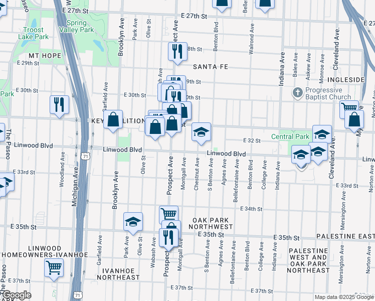 map of restaurants, bars, coffee shops, grocery stores, and more near 3212 Chestnut Avenue in Kansas City