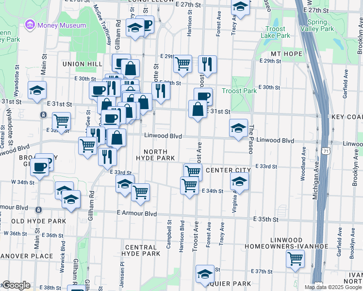 map of restaurants, bars, coffee shops, grocery stores, and more near 3234 Harrison Street in Kansas City
