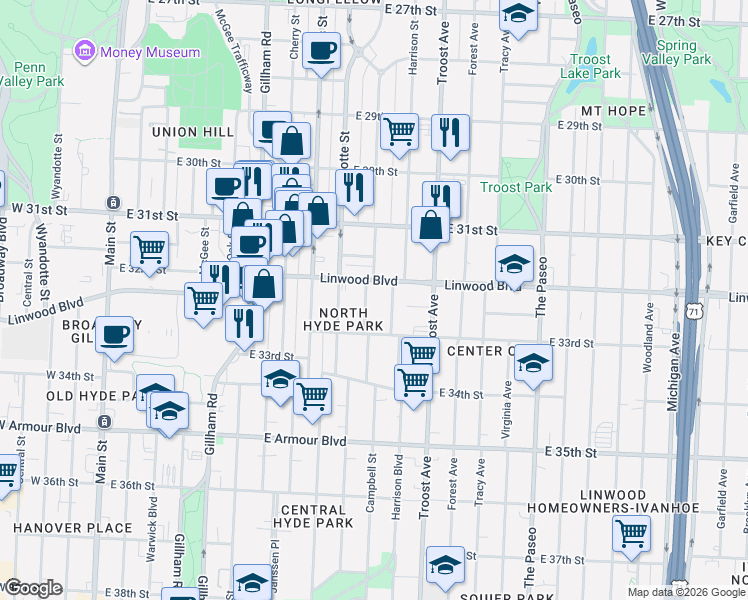 map of restaurants, bars, coffee shops, grocery stores, and more near 3234 Harrison Street in Kansas City