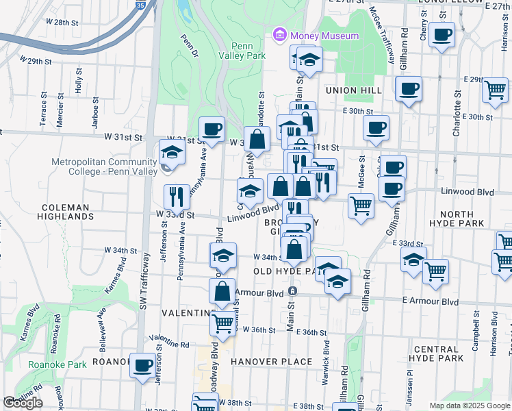 map of restaurants, bars, coffee shops, grocery stores, and more near 207 Linwood Boulevard in Kansas City