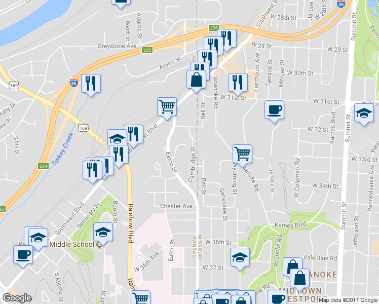 map of restaurants, bars, coffee shops, grocery stores, and more near 320 Cambridge Street in Kansas City