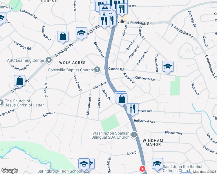 map of restaurants, bars, coffee shops, grocery stores, and more near 12916 New Hampshire Avenue in Silver Spring