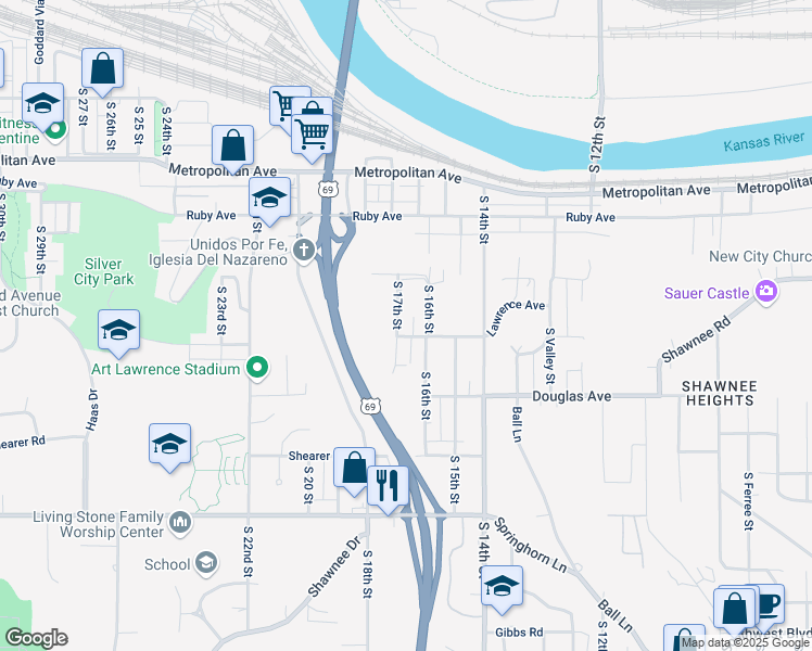 map of restaurants, bars, coffee shops, grocery stores, and more near 1804 South 16th Street in Kansas City